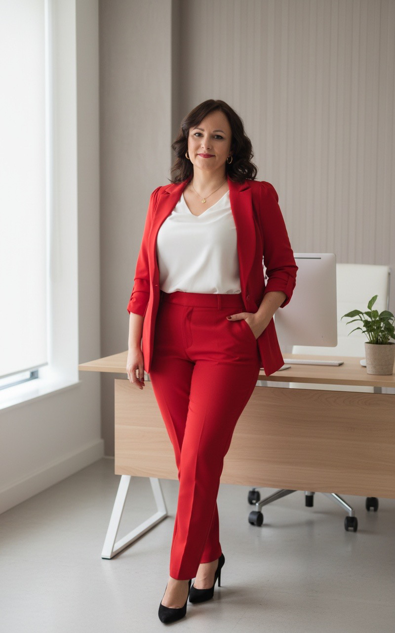Sandra Lochmann, Interim-Managerin, im roten Anzug